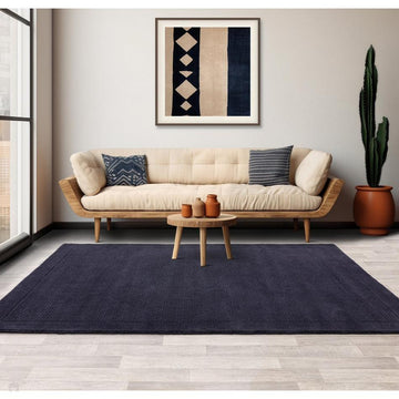York Modern Plain Textured Subtle Ribbed Stripe Contrasting Smooth Border Handwoven Wool Loop Pile Deep Midnight Navy Rug-Asiatic Carpets-Rug Love - The Most Loved Rug Store